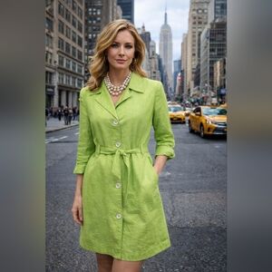 Vtg Lime Green Larry Levine Women's Belted Coat Dress